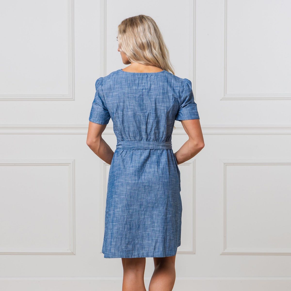 Hope & Henry Womens' Short Sleeve Button Front Chambray Dress with Waist Sash - thumbnail 3