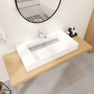 36 x 19 in. Solid Surface Wall Mount Bathroom Vessel Sink with Faucet Hole and Stainless Steels Drain Cover - 1 of 4