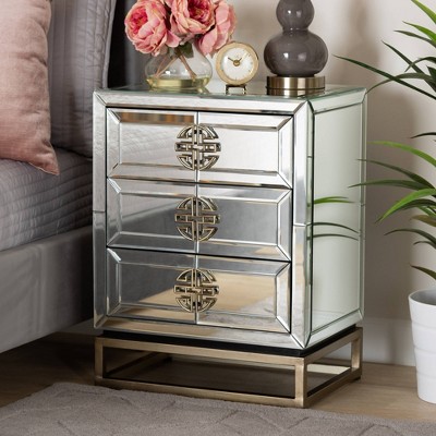 Chinoiseries Antique Bronze Mirrored 3-Drawer Nightstand