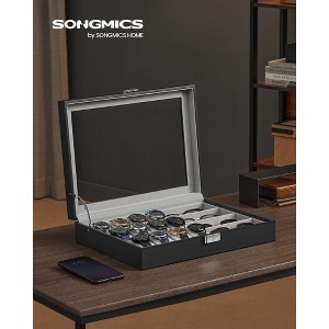 Ink Black Lockable 16-Slot Watch Box with Glass Lid - Made of Synthetic Leather, Dove Gray Lining, Ideal Gift Idea for Watch Storage - 1 of 4