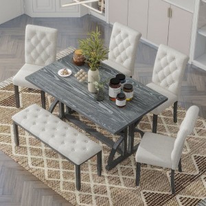 6-Piece Retro Rectangular Dining Table Set, Table with Unique Legs and 4 Upholstered Chairs & 1 Bench for Dining Room and Kitchen - 1 of 4