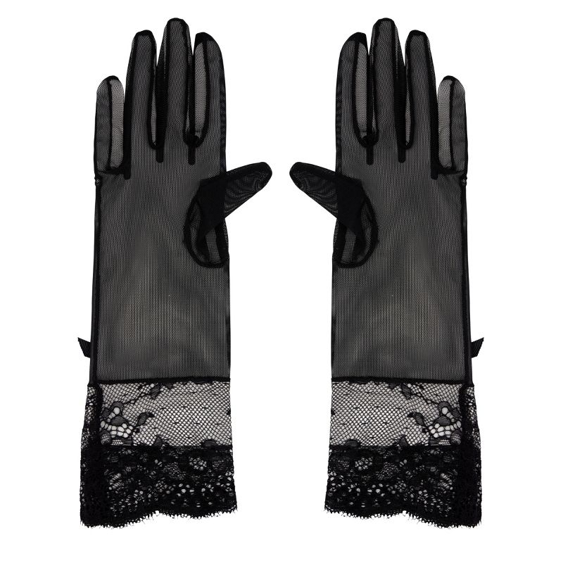 LECHERY Women's Mesh Gloves With Lace Detail & Bow (1 Pair) - One Size, Black, 2 of 7