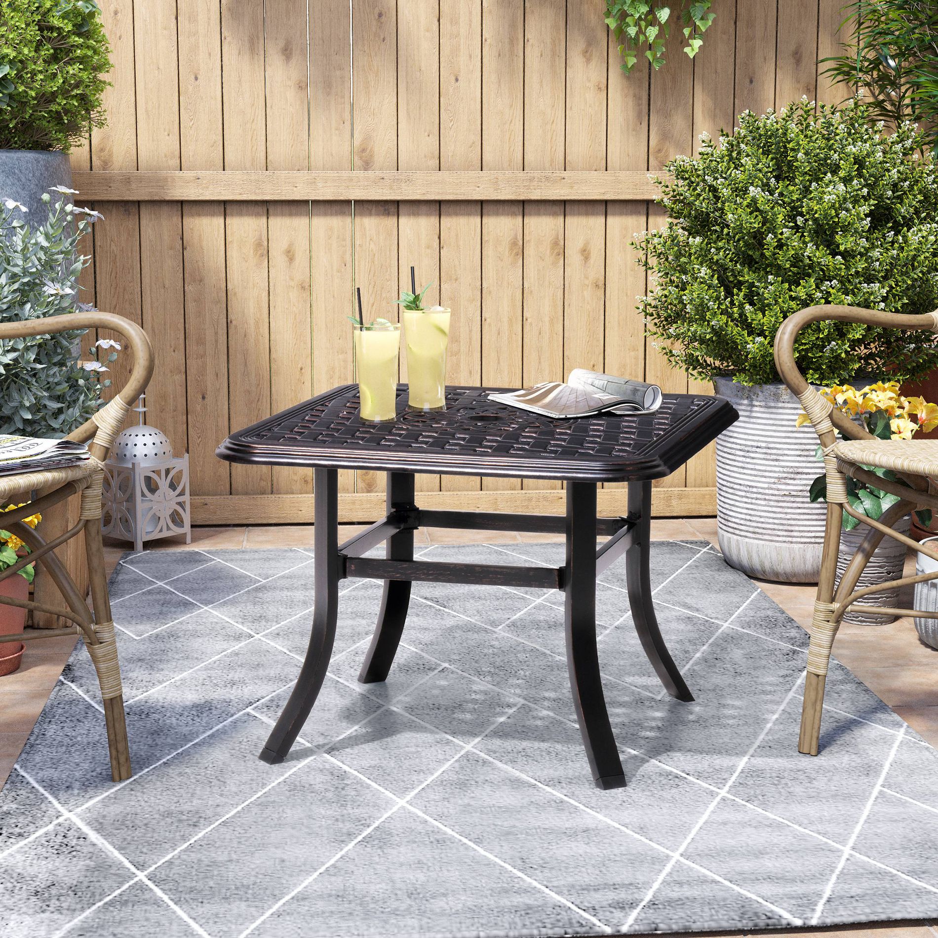 Pellebant 24-Inch Square Cast Aluminum Patio Bistro Table Umbrella Hole Square Outdoor Side Table