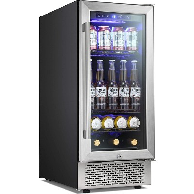 R.W.FLAME 15 Inch Beverage Cooler Under Counter Built-in Mini Fridge with Clear Glass Door, Digital Memory Temperature Control,LED Light