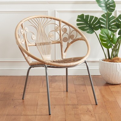 Transitional Grey Floral Rattan Accent Chair with Metal Legs