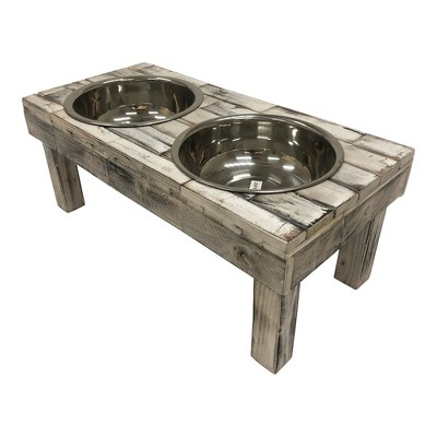 Large White Wash Reclaimed Wood Elevated Double Bowl Feeder