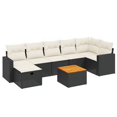 vidaXL 8 Piece Patio Sofa Set with Cushions Black and Cream Poly Rattan - 3x Middle 3x Corner Footrest Table