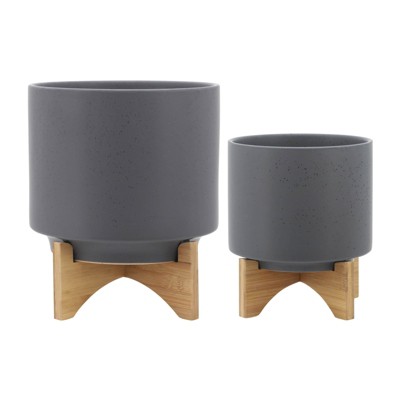 VisioGear 2PCS Round Planter with Wooden Stand, Plant Pots for Living Room, Bedroom, Grey, 10"*10"*12"
