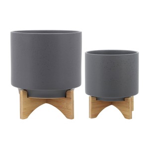 VisioGear 2PCS Round Planter with Wooden Stand, Plant Pots for Living Room, Bedroom, Grey, 10"*10"*12" - 1 of 4