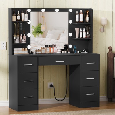 USIKEY Large Vanity Desk with LED Lighted Mirror & Power Outlet,Makeup Vanity Table with 7 Drawers,4 Shelves and 5 Hooks,Vanity Table for Bedroom