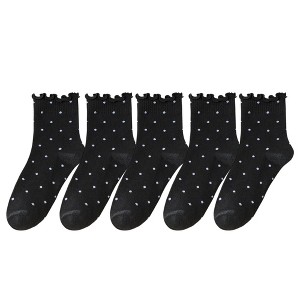 Anna-Kaci Women's Polka Dot Ankle Socks Set Soft Cotton Blend Ruffle Trim Cuff Multiple Color Combos 5 Pairs - 1 of 4
