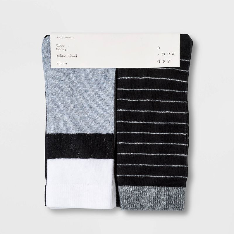 Women&#39;s Striped 6pk Crew Socks - A New Day&#8482; Black/White/Gray 4-10, 2 of 3