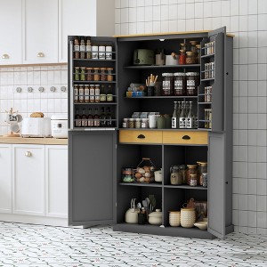 TIRAMISUBEST High Freestanding Kitchen Pantry Large Cupboard Storage Cabinet with 2 Drawers, 2 Adjustable Shelves, 8 Door Shelves for Kitchen - 1 of 4