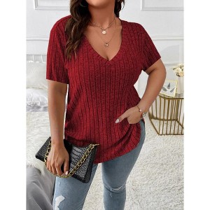 Women's Plus Size V Neck Casual Tops  Color Shirts Lightweight Short Sleeve Blouses - 1 of 2