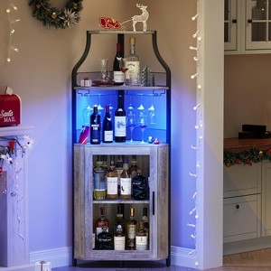 Corner Bar Cabinet, 61" Farmhouse Wine Rack with LED Light, Detachable 5-Tier Industrial Cabinet with Glass Holder & Adjustable Shelves-Grey - 1 of 4