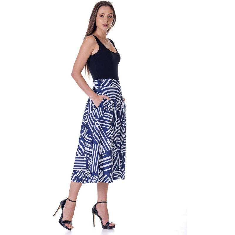 24seven Comfort Apparel Womens Navy Geometric Print Pleated Midi Skirt With Pockets, 5 of 7