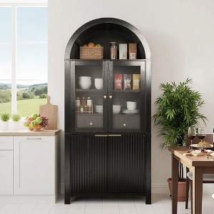 LOVSON 71''tall arched storage cabinet with adjustable shelves,built-in hidden drawers, and glass doors,Suitable for kitchen, living room, ,Black - 1 of 4