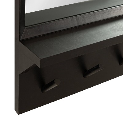 Black Rectangular Wood Wall Mirror with Pegs and Ledge