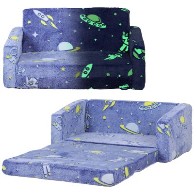 Qaba Kids Play Couch, 2 in 1 Kids Sofa with Glow in the Dark Space Patten, Washable Cover, Fold Out Convertible Sofa for Playroom, Bedroom