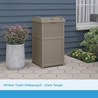 Dark Taupe Wicker-Style Plastic Outdoor Trash Can with Lid