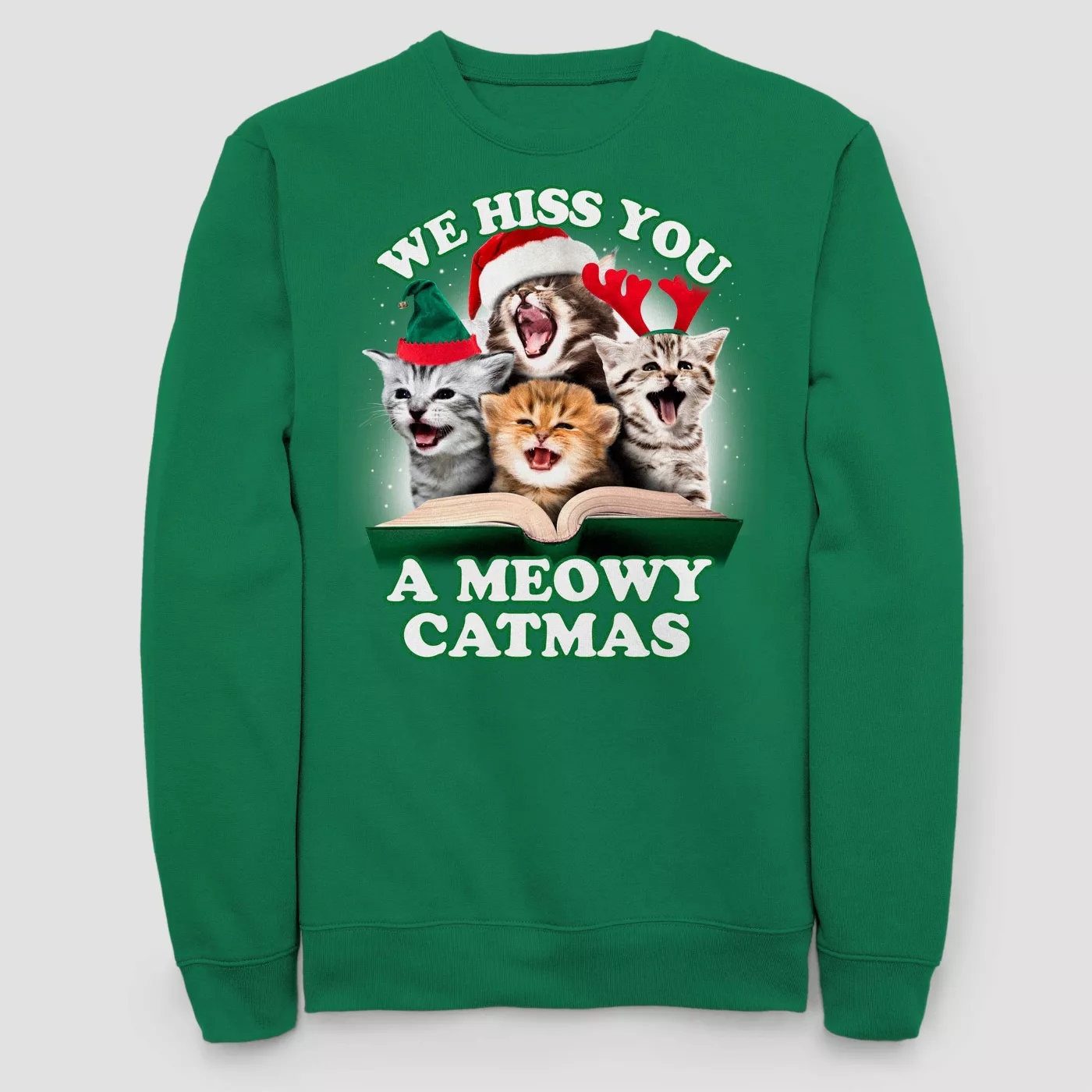Men's Meowy Catmas Holiday Fleece Sweater - Kelly Green - image 1 of 1