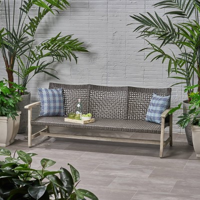 Marcia Light Gray Wood and Black Wicker Three-Seat Outdoor Sofa