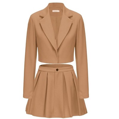 EXLURA Women's Business Casual Blazer Suit Sets and Pleated Mini Skirt 2 Piece Outfits Trendy Long Sleeve Y2K Clothes 2025