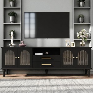 68.9'' Retro TV Stand for TVs up to 75 Inches, Media Console with Fluted Glass Doors and Solid Wood Legs for Living Room - 1 of 4