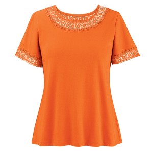 Collections Etc Flattering Crochet Lace Trim Short Sleeve Cotton Tee - 1 of 4