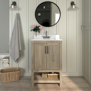 Emma and Oliver Bathroom Vanity, Single Sink Cabinet with 2 Soft Close Doors and Open Shelf, Carrara Marble Finish Countertop - 1 of 4