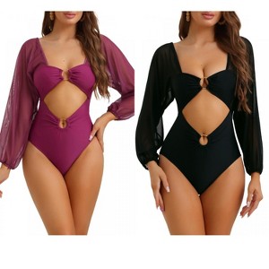 INSPIRE CHIC Women's Cut Out Ring Plunge Neck Shirred Long Sleeves Mesh Tummy Control Monokini Swimsuit 2 Sets - 1 of 4