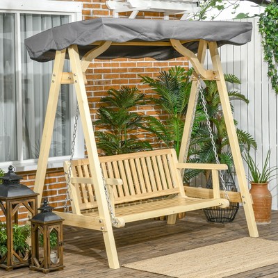 Rustic Fir Wood 2-Seater Porch Swing with Adjustable Canopy