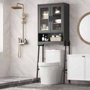Over Toilet Storage Cabinet with Tempered Glass Doors Adjustable Shelf Bathroom Organizer Metal Stand Black Space Saver - 1 of 4