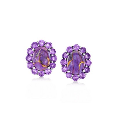 Ross-Simons Purple Turquoise and .70 ct. t.w. Amethyst Halo Earrings in Sterling Silver