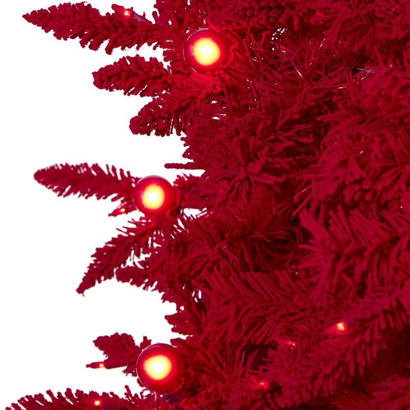 Nearly Natural 7-ft Red Flocked Fraser Fir Artificial Christmas Tree with 500 Red Lights, 40 Globe Bulbs and 1039 Bendable Branches, 3 of 8