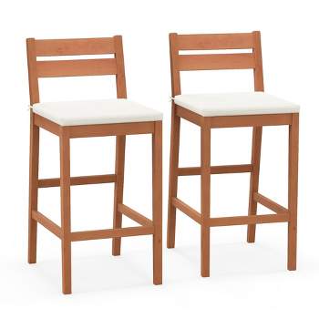 Tangkula Patio Eucalyptus Wood Bar Stools Set of 2 Outdoor Bar Height Patio Chairs w/ Cushions