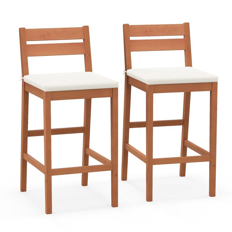 Tangkula Patio Eucalyptus Wood Bar Stools Set of 2 Outdoor Bar Height Patio Chairs w/ Cushions, 1 of 8