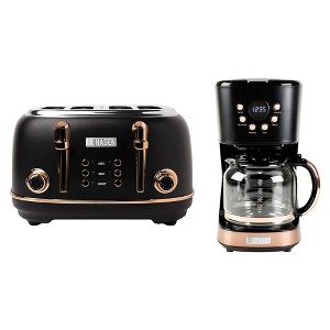 Haden Heritage 4 Slice Wide Slot Stainless Steel Toaster Bundled with 12 Cup Programmable Drip Coffee Maker Coffee Machine, Black & Copper - 1 of 4