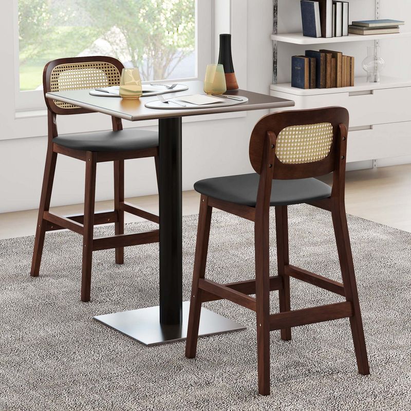 Costway Bar Stool Set of 2 Wood Bar Chairs PE Rattan Backrest Padded Seat & Footrest, 5 of 10