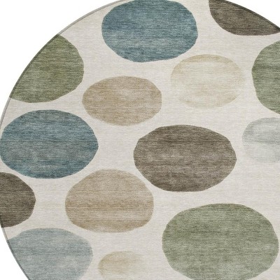 HomeRoots 8' Ivory Fern Green And Teal Blue Round Geometric Washable Indoor Outdoor Area Rug