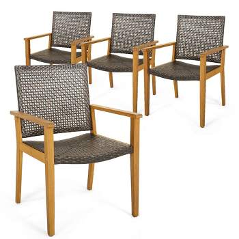 Tangkula Outdoor Rattan Chair Set of 4 Patio PE Wicker Dining Chairs w/ Sturdy Acacia Wood Frame