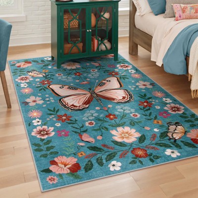 Lahome Modern Butterfly Floral Short Pile Velvet Rectangular Indoor Area Rug