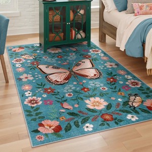 Lahome Modern Butterfly Floral Short Pile Velvet Rectangular Indoor Area Rug - 1 of 4
