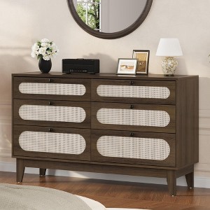 Jojoka 52" Wide 6 Different Drawer Double Dresser for Bedroom, Boho Rattan Dresser Ganlly with Charging Station for Bedroom, Living Room, Hallway - 1 of 4