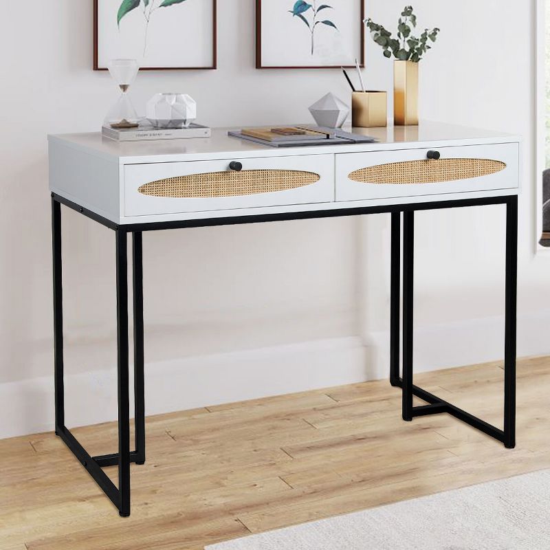 Arina 42.1 in Black Metal Base Writing Desk Carry with 2 Farmhouse Natural Rattan Drawer-The Pop Maison, 3 of 10