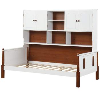 Tangkula Twin Daybed w/ Bookcase Wooden Platform Bed w/ Shelves & Cabinets White & Brown