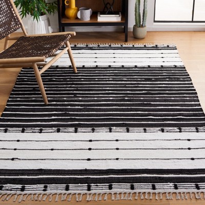 Handmade Black and Ivory Wool Cotton Striped Area Rug 5'x8'