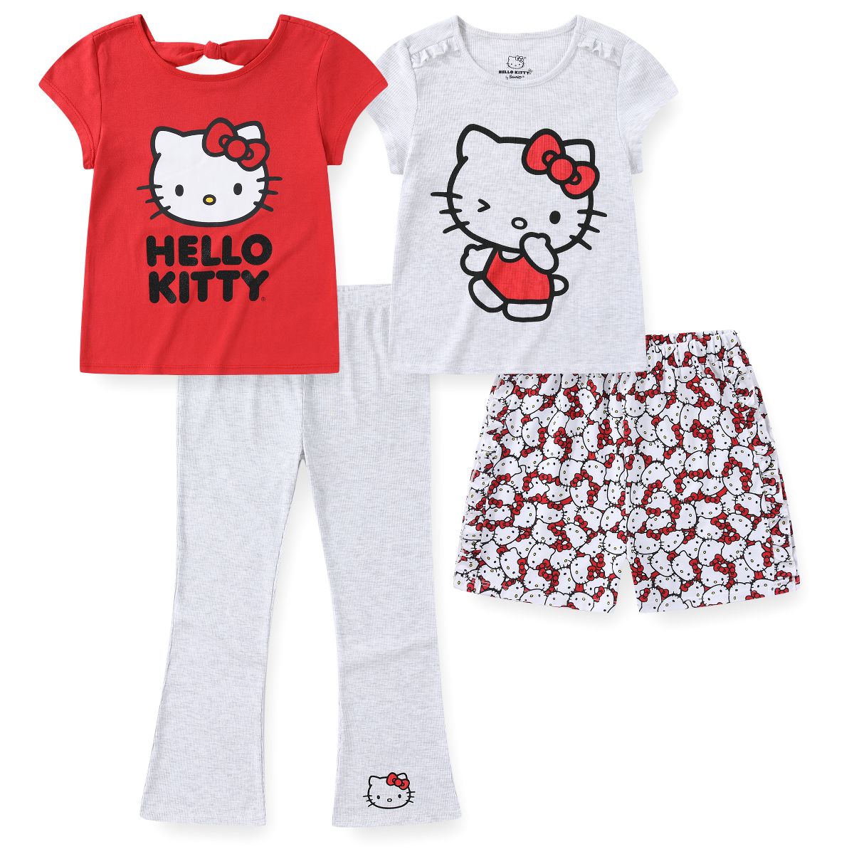 Hello Kitty Sanrio Girls 4 Pack Mix and Match 2 Short Sleeve T-Shirts, Short, and Flared Pants Set for Big Kids