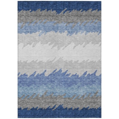 Navy Blue Gray And Silver Striped Washable Indoor Outdoor Area Rug
