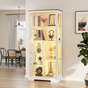 Vlsrka Glass Door Display Cabinet with Adjustable Shelves, LED Lights & Motion Sensor Bookcase for Toys and Books, White - 1 of 4